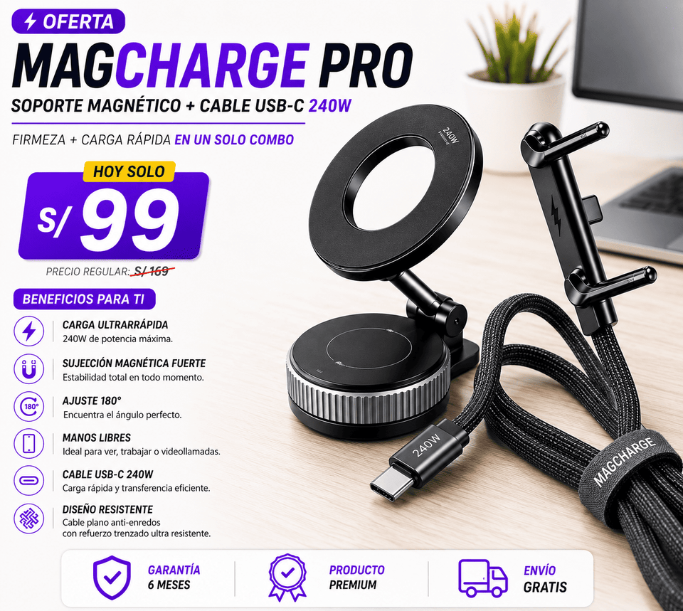 🔥 MAGCHARGE PRO™ | Soporte Magnético Premium + Cable USB-C 240W